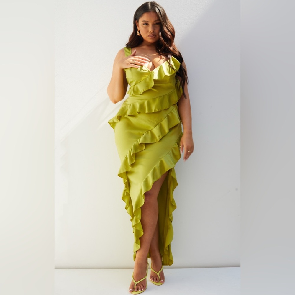 NWT PLUS OLIVE SATIN FRILL LAYERED MAXI DRESS – SIZE 24 – PRETTYLITTLETHING